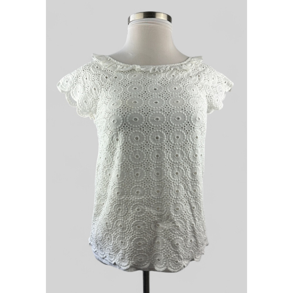 Lilly Pulitzer Crochet Eyelet Blouse Cap Short Sleeve Ruffle Button Back Size 8 - Picture 2 of 16